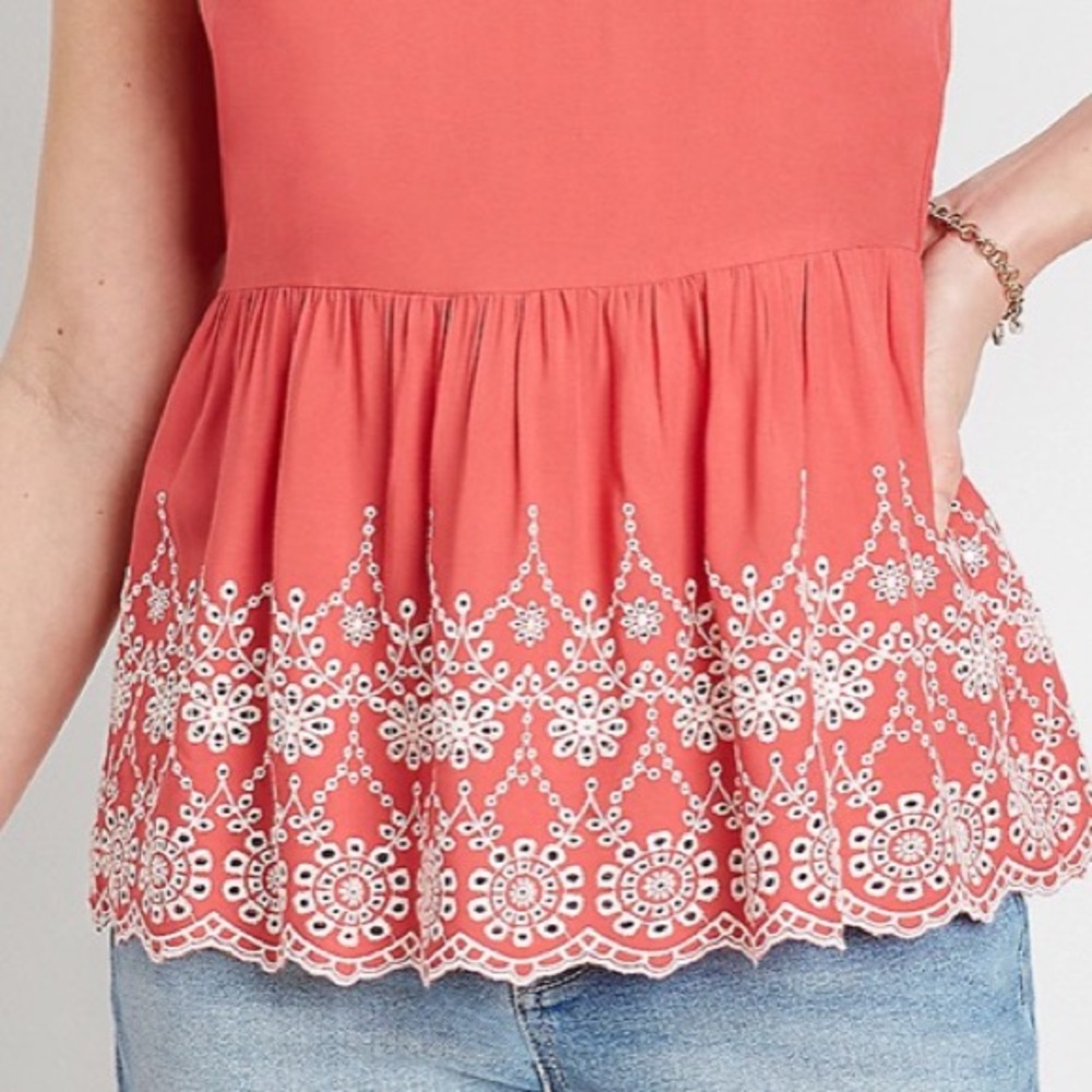 Maurices coral embroidered peplum top. Sz L - Picture 3 of 10
